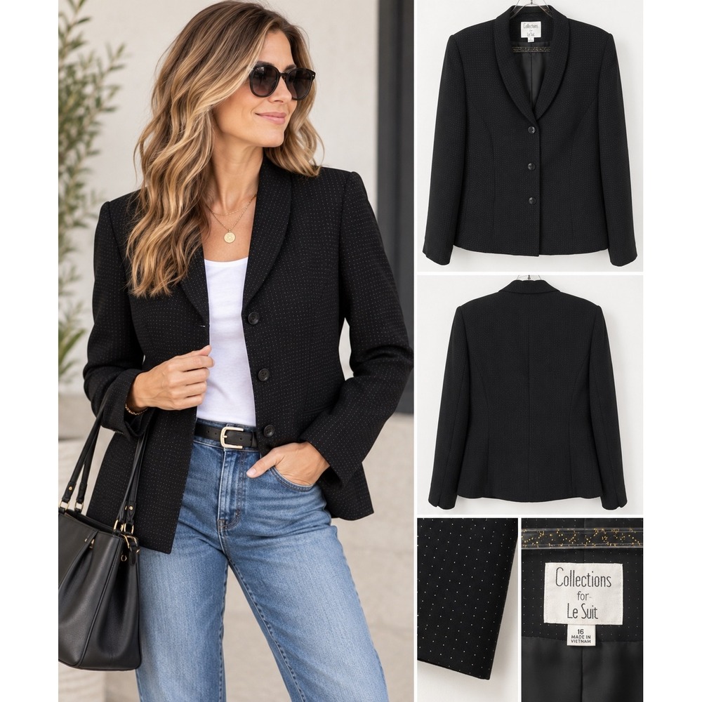 Collections for Le Suit Womens Black Pin Dot Shawl Lapel 3 Button Blazer Size 16